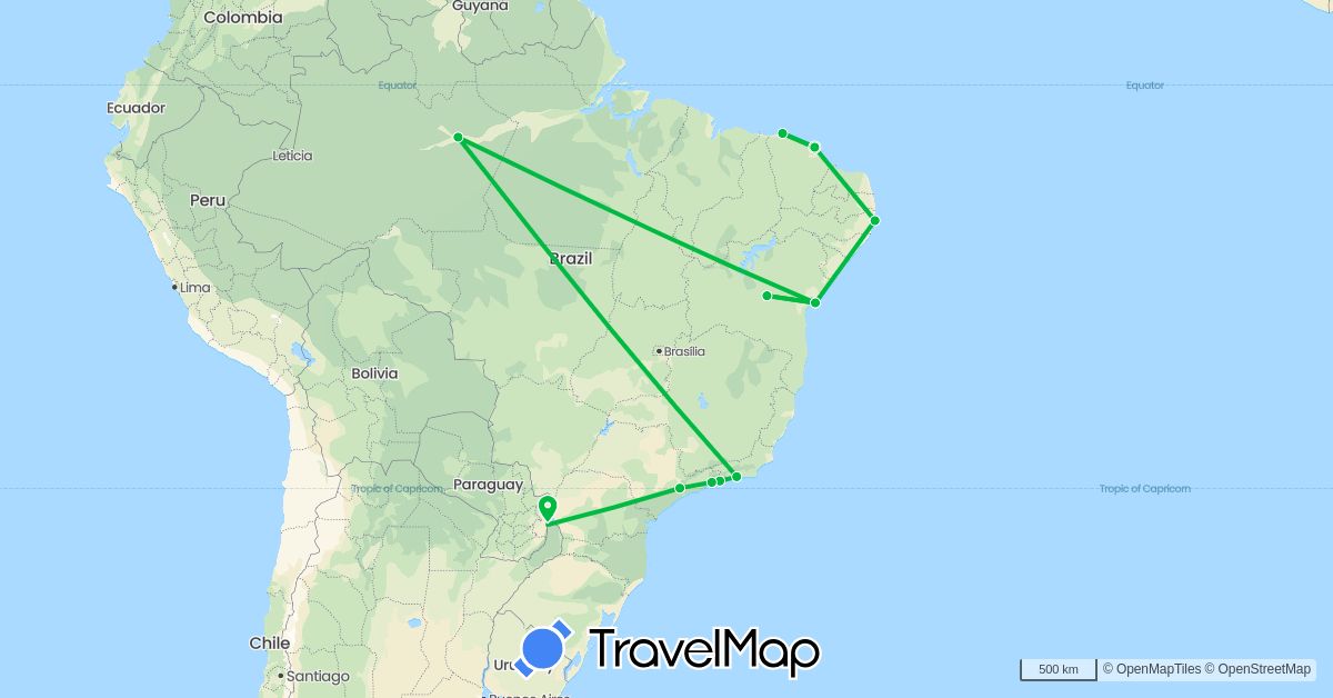 TravelMap itinerary: driving, bus in Brazil (South America)